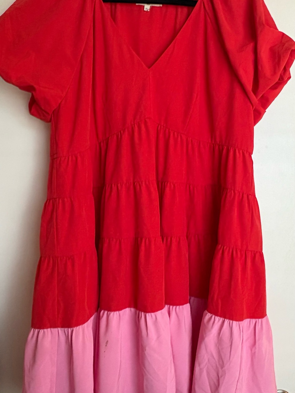 Entro XL Red Pink Colorblock Tiered Babydoll Dress Puff Sleeve